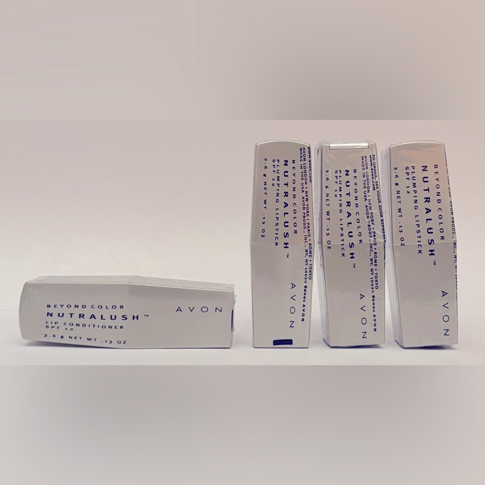 Three (3) Avon Beyond Color Nutralush plumbing lipsticks + lip conditioner
